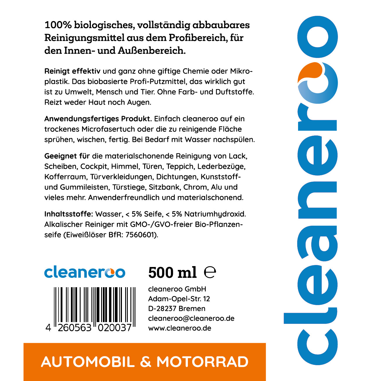 Cleaneroo Automobil- & Motorrad Reiniger (Innen & Außen) 500ml Anwendungsflasche