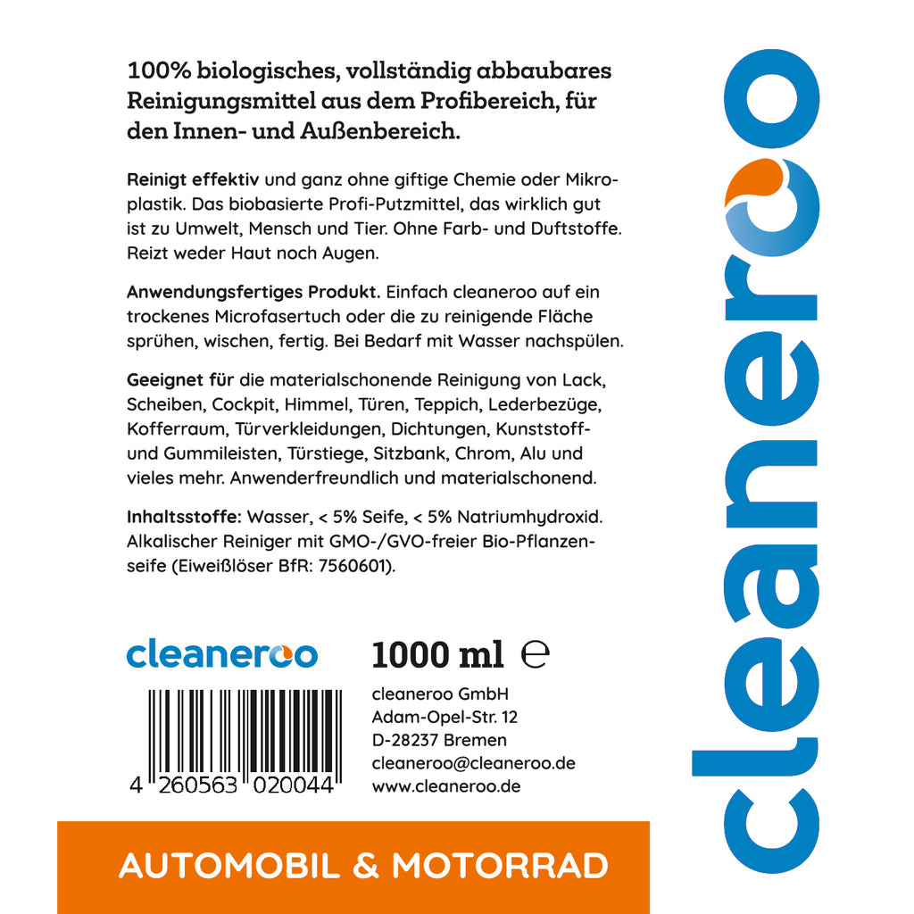 Cleaneroo Automobil- & Motorrad Reiniger (Innen & Außen) 1L Nachfüllflasche