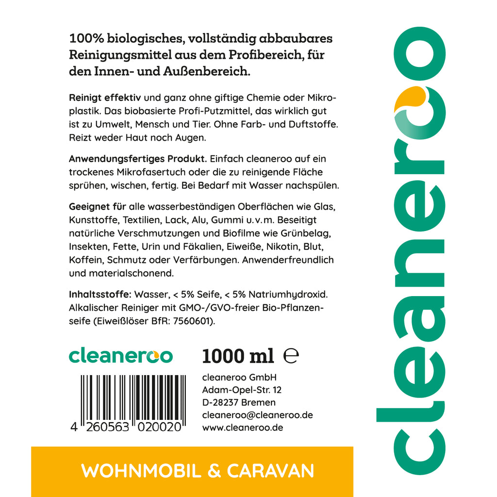 Cleaneroo Caravan- & Wohnmobil Reiniger (Innen & Außen) 1L Nachfüllpackung